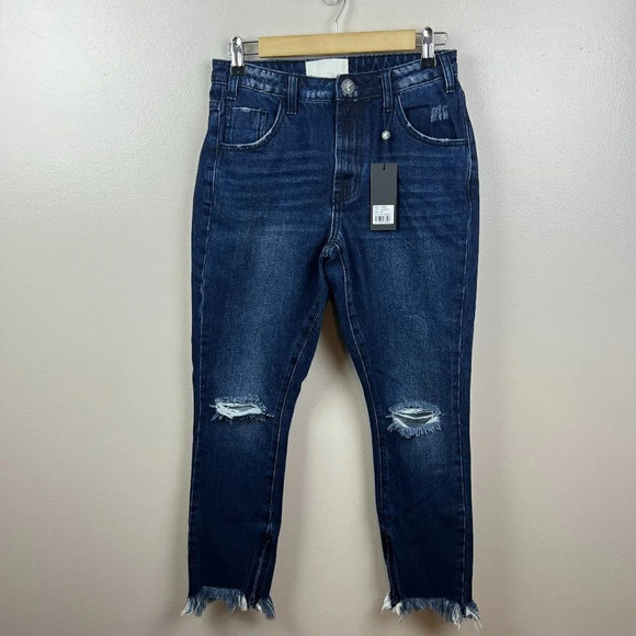 One Teaspoon Freebirds Jeans Size 26 High Rise Dark Wash Distressed Frayed Hem - Picture 1 of 13